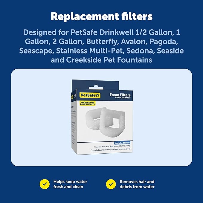 PetSafe Drinkwell Replacement Foam Filters - Compatible with PetSafe Ceramic and Stainless Steel Pet Fountains for Water Dispensers, 2 Pack (PAC00-13711)
