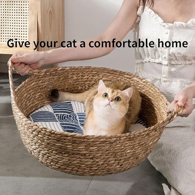 Cat Bed, Straw Woven Cat Baskets Bed, Round Wicker Cat Basket Nest, Non-Slip Cozy Kitten Bed for Cats Small Dog (Only Nest,Medium)
