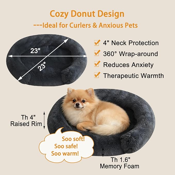 Calming Dog & Cat Beds with Orthopedic Egg-Crate Foam Raised Rim, Soft Fluffy Faux Fur Pet Bed for Small Medium Dogs, Anxiety Relief Spine Support, Machine Washable (Round, Dark Grey 23")
