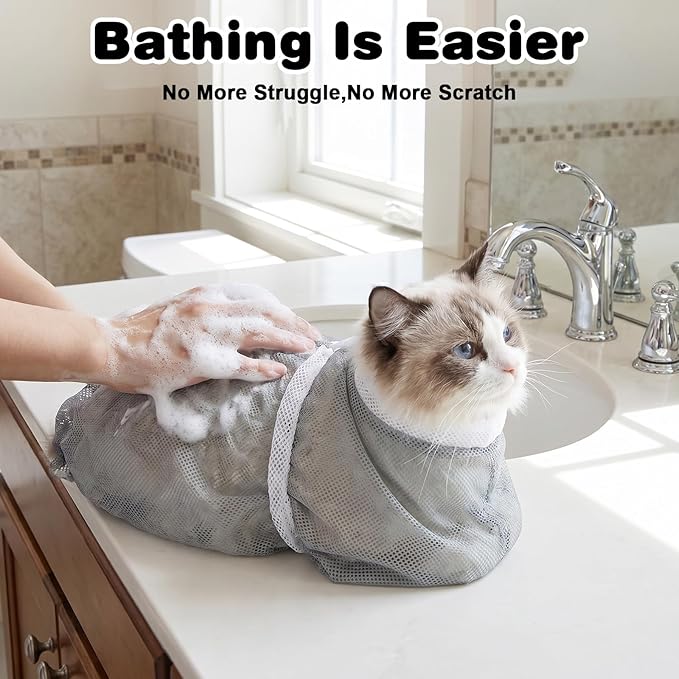 Cat Bag for Bath, Multifunctional Breathable Mesh Cat Bathing Bag, Adjustable Scratching Proof Restraint Accessories for Washing, Nail Trimming, Grooming, Vet Visits (Gray)