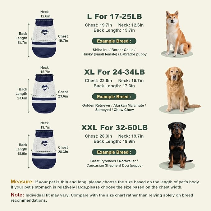 Dog Sweater Knitted for Small to Large Dogs Boy Girl, Classic Turtleneck Dog Christmas Sweaters, Warm & Soft Pet Clothes for Winter (Love Blue, L)