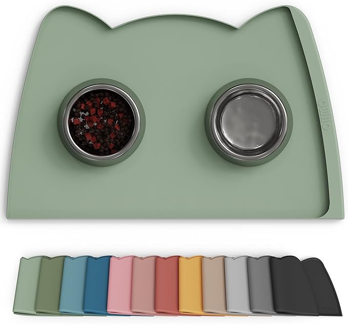 OHMO Dog Food Mat(Sage Green, 24 * 15'') w/Residue Collection Pocket Silicone Pet Feeding Mat for Floor High Edges Anti Spills Waterproof Cat Water Bowl Tray, Easy Clean Placemat