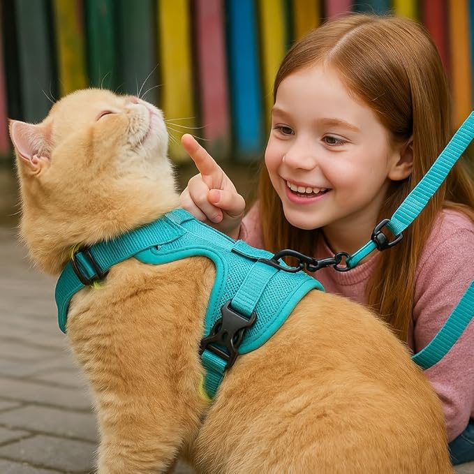 Cat Chest Harness and Leash Set for Walking Escape Proof, Soft Adjustable Vest Harnesses for Cats, Kitten Jacket with Reflective Strip, Easy to Put on with 3 Buckles for Traveling (Red, M)