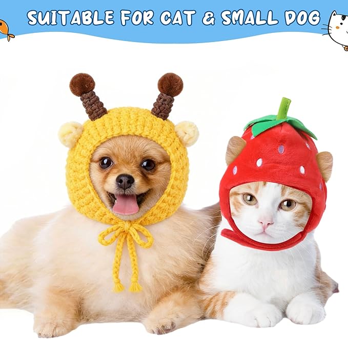 Weewooday 5 Pcs Cat Adorable Costume Bunny Hat with Ears Funny Mane Cat Hat for Pets and Small Dogs Kitten Puppy Party Costume Accessory Headwear(Panda, Rabbit, Pineapple, Strawberry, Flower)