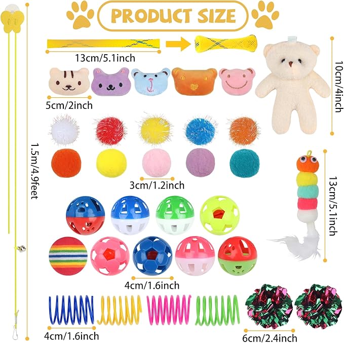 QUOZUO Kitten Toys - 38PCS Cat Play Set, Sparkle Balls, Plush Pom Pom Balls, Hanging Door Toy, Gift Box Styles