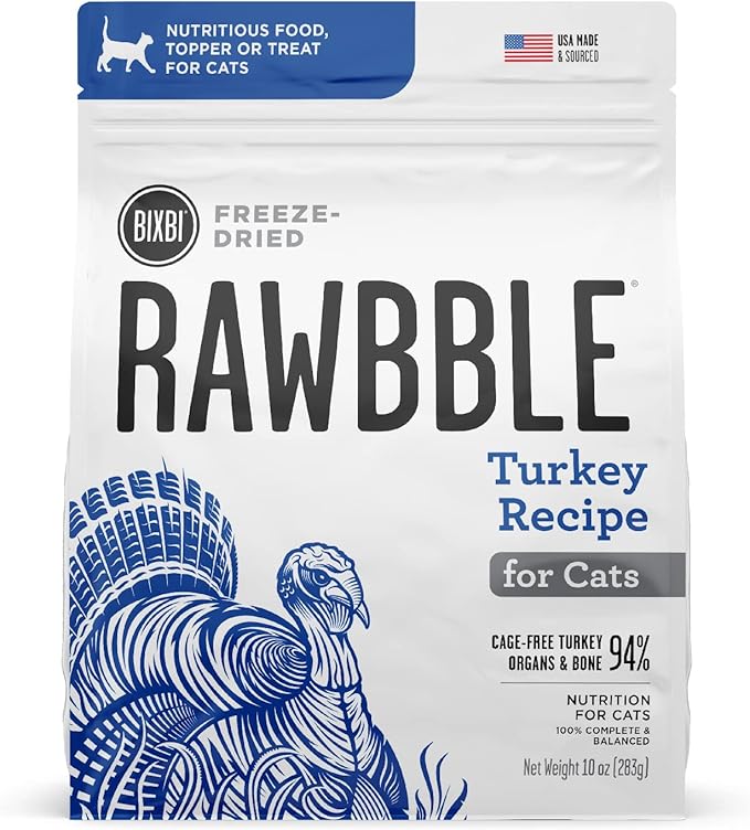 BIXBI Rawbble Freeze Dried Cat Food, Turkey Recipe, 10 oz - 94% Meat and Organs, No Fillers - Pantry-Friendly Raw Cat Food for Meal, Treat or Food Topper - USA Made in Small Batches