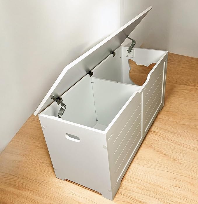 White Cat House with Hideaway Litter Box, Dog Proof Litter Boxes, Cabinet for Large Cats, Hidden Litter Box Cover, Cat Washroom, Enclosure Furniture.