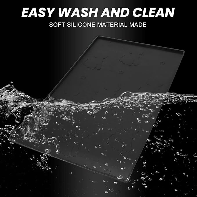 Dog Feeding Mat, Waterproofed Cat Food Mats, Anti Slip Silicone Cat Dog Food Mat for Messy Drinkers to Protect Floors (Black)