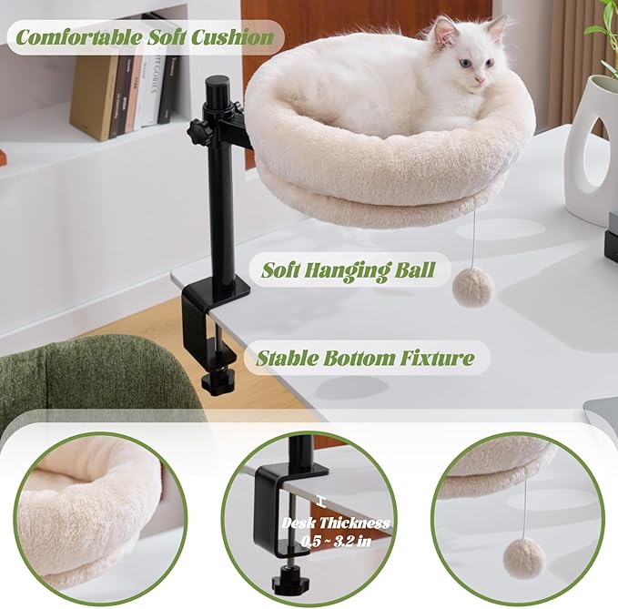 BYBYME Cat Desk Bed for Indoor Cats, Kitty Bed for Desk Supports 44 lbs, 360° Rotation & Adjustable, Soft Cat Nest Desktop with Hanging Ball for Office Desks Home Tables, 12" in Diameter（White）