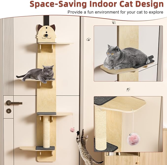 4-Levels Door Hanging Cat Climber Door Cat Tree, Door Hanging Cats Shelf Cats Ladder with Scratching Post Tease Cat Ball Easy to Install Space-Saving 16.54" x 9.06" x 66.93"