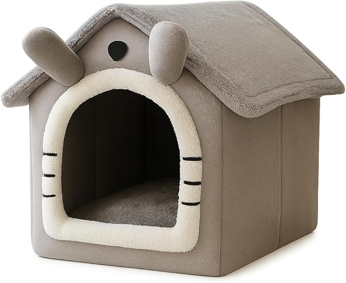 Cat House Bed for Indoor Cats, Covered Plush Cat Cave with Washable Cushion Pillow, Warm Kitten Tent Bed for Small Pets