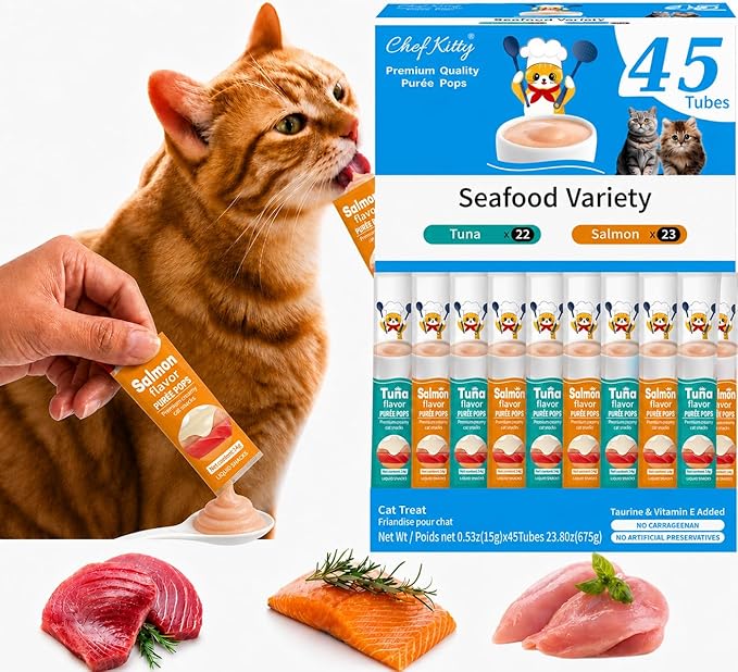Cat Treats Lickable | Grain-Free Tuna & Salmon Cat Treats | Creamy Puree Squeeze Ups with Vitamin E & Taurine, Digestible Formula | 0.5 oz. Each Tube, Seafood Mix Variety | 45 Tubes