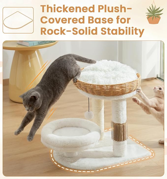 Made4Pets PE Rattan Cat Tree Tower with Scratching Post, 18 inch Small Cat Tree for Kittens, Handwoven Wicker Basket Bed with Soft Cushion, Cozy Cat Bed, Self Groomer and Hanging Plush Ball Toy