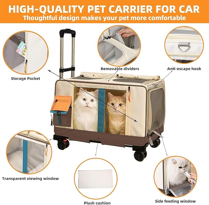 Large Cat Carrier with Wheels for 2 Cat, Double Rolling Pets Carrier on Wheel, Folding Soft-Sided Carriers with Telescopic Handle, Shoulder Strap Removable Soft-Sided Bag for Car, Vet, Outing