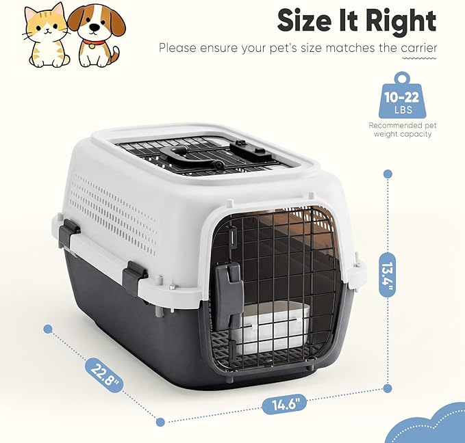 DUMOS 23" Hard-Sided Pet Carrier for Small Dogs & Cats, Airline Approved Travel Crate with Enhanced Security Latches, Front & Top Load Wire Door, Food Bowl for Traveling, Hiking, Camping (White&Black)