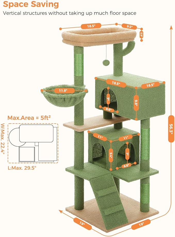 MUTTROS Cactus Cat Tree for Adult Cats with Super Large Top Perch, 56.3" Cat Tower for Cats with Plush Hammock, Dangling Pompom, Cat Scratching Posts and 2 Condos, Green House