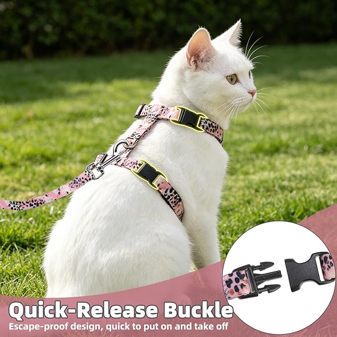 PUPTECK Adjustable Cat Harness and Leash Set Escape Proof Kitten Strap Collar for Walking Travel, Leopard Print