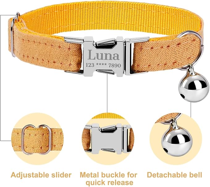 Personalized Cat Collar with Name Plate,Adjustable Tough Nylon Cat ID Collars with Bell,Customize Engraved Pet Name and Phone Number (Velvet Style A)