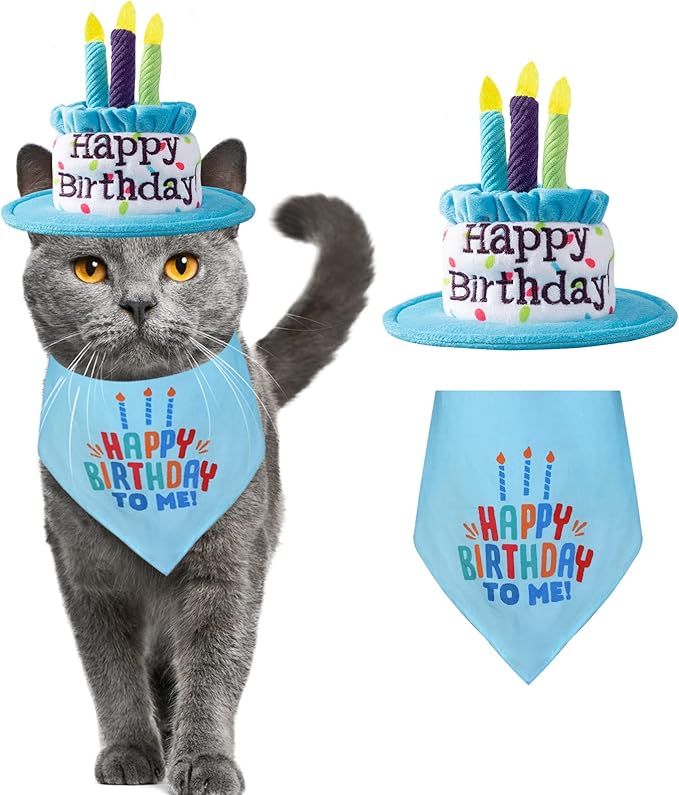 Cat Happy Birthday Cake Hat & Bandana Scarfs Set with Colorful Candles for Small Animas, Cat Birthday Party Supplies Decorations (Blue)