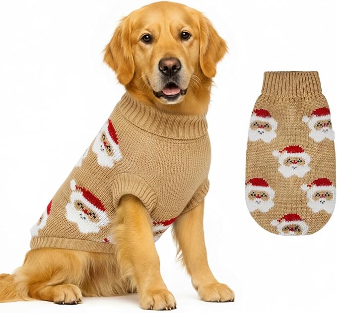 Dog Sweater Knitted for Small to Large Dogs Boy Girl, Classic Turtleneck Dog Christmas Sweaters, Warm & Soft Santa Claus Pet Clothes for Winter (Brown, L)