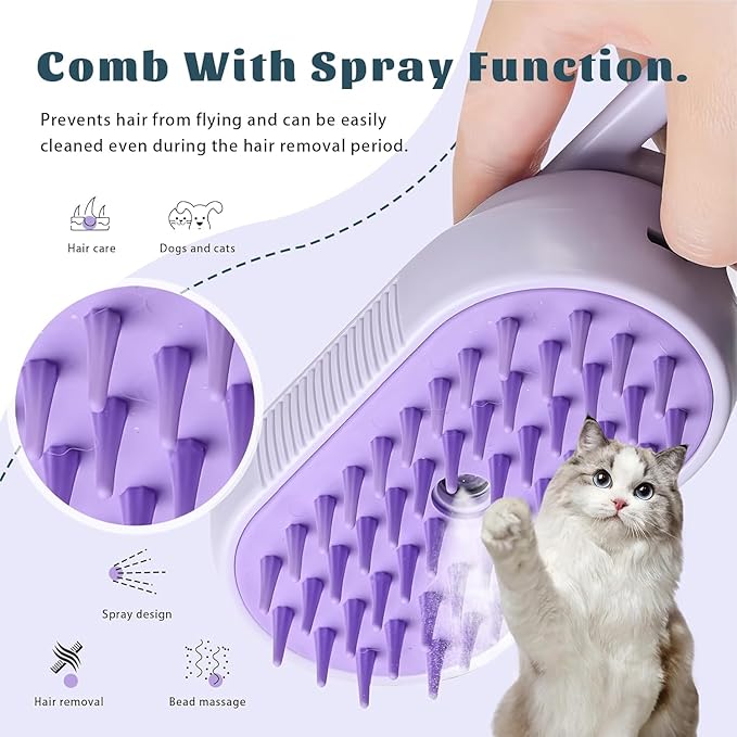 Cat Brush Cat Steam Brush Rechargeable Steamy Pet Grooming for Shedding, Water Spray Massage Brushs, Dog Hair Removal Self Cleaning Brushs Steamer Wet Spa Comb (Purple)