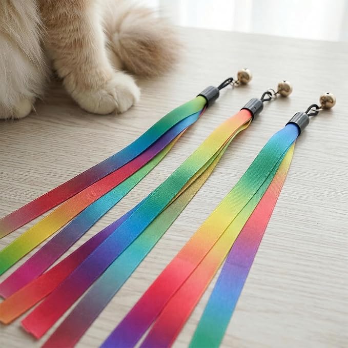 6 PCS Cat Ribbon Toy, Cat Teaser Toy Wand Replacement, Interactive Flirt Pole Replacement Worm Assorted Portable Refills CatWand Attachment Toys with Bell for Indoor Most Cats, Kittens, Small Pets