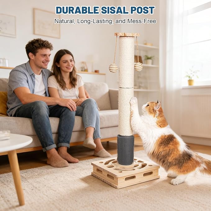 20.5 Inch Cat Scratching Post, 4-in-1 Interactive Maze Base with Cat Self Groomer, Natural Pine Wood & Premium Sisal Scratching Pole, Anti-Slip Detachable Design for Indoor Cats