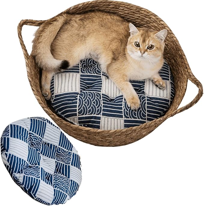 Cat Bed, Straw Woven Cat Baskets Bed, Round Wicker Cat Basket Nest, Non-Slip Cozy Kitten Bed for Cats Small Dog (with Cushion,Small)