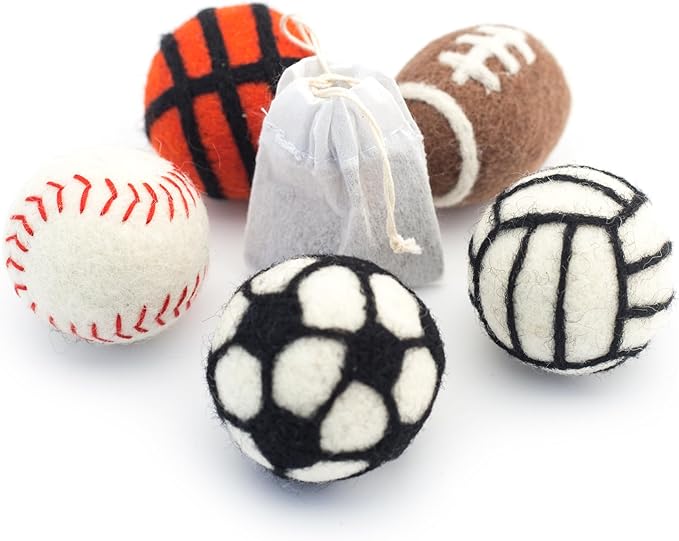Glaciart One Sports Wool Balls for Cats – 5 Pcs with Catnip Pouch - Soft Fuzzy Enrichment 100% Natural Felt Cat Toy - Interactive Play Cat Toy Set - Safe for Pets, Non-AZO Colored Dyes – 1.6”