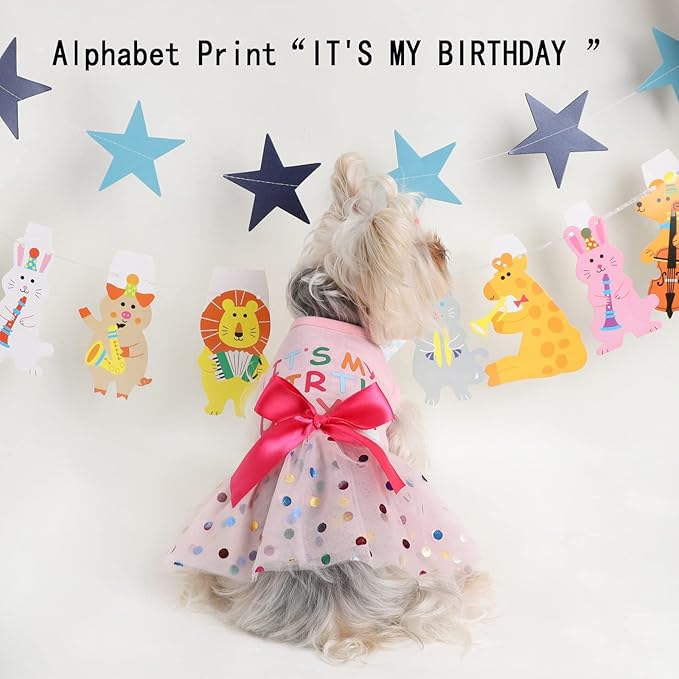 Dog Birthday Outfit Clothes for Small Medium Dogs, Print Colorful Polka Dot Mesh Dresses Girl Dog Clothes, Summer Tutu Princess Pet Puppy Clothing Doggie Outfits Cat Apparel, Large, Pink