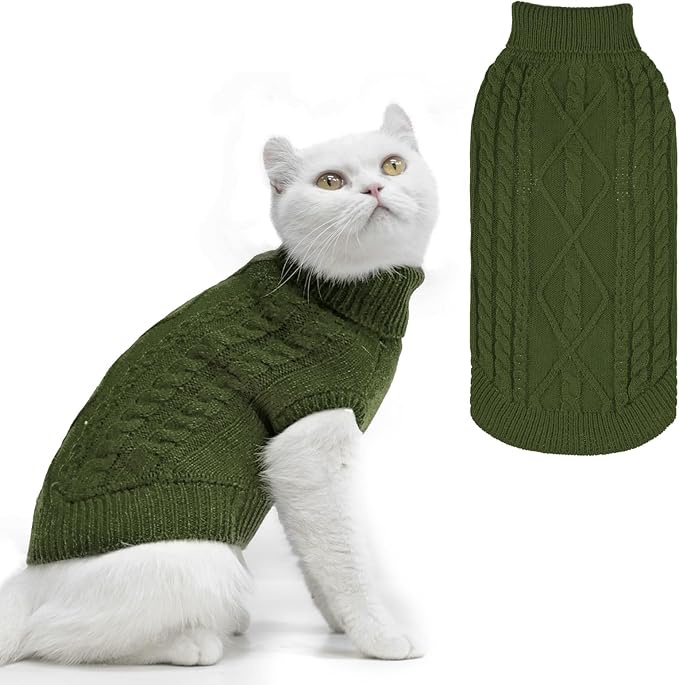 PUPTECK Winter Cat Sweater Coat - Soft Warm Cold Weather Clothes Knitwear for Kittens & Small Dogs Indoor Outdoor Wearing, Knitted Classic for Doggies Kitties Girls Boys, Dark Green, L