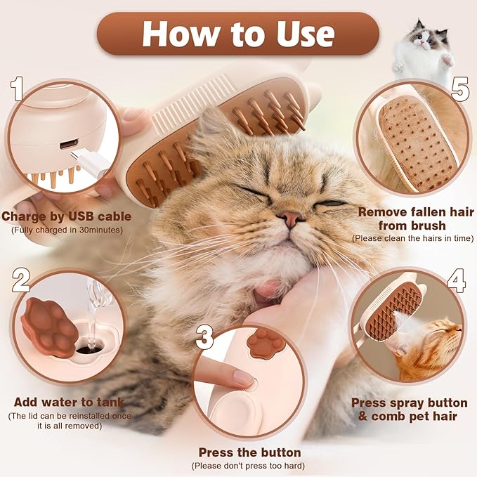Pet Steam Brush for Dogs and Cats, Spritz Defur Comb 3 in 1 Pet Rechargeable Steam Brush Tool for Long and Short Haired Cats and Dogs, Anti-Static, Shedding, Detangling, Massage & Combing (White)