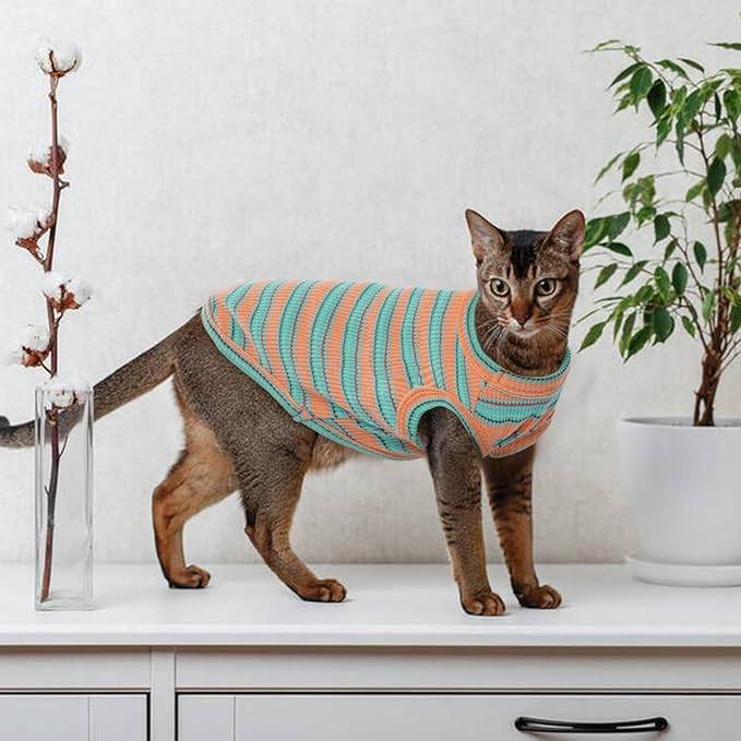 Sphynx Cat Clothes, Breathable Hairless Cat Shirts, Stripe Kitten T-Shirts Sleeveless, Pullover Cat Sweaters, Pet Summer Apparel for Sphynx, Cornish Rex, Devon Rex, Peterbald, Small Dogs