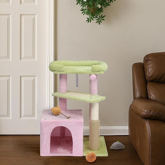 Cat Tree, Carpet Cat Tower for Indoors Cats, Cute Wood Kitty Condo with Scratching Post and Pad, Multi-Level Modern Activity Climbing Furniture for Small and Medium Cats (Pink)