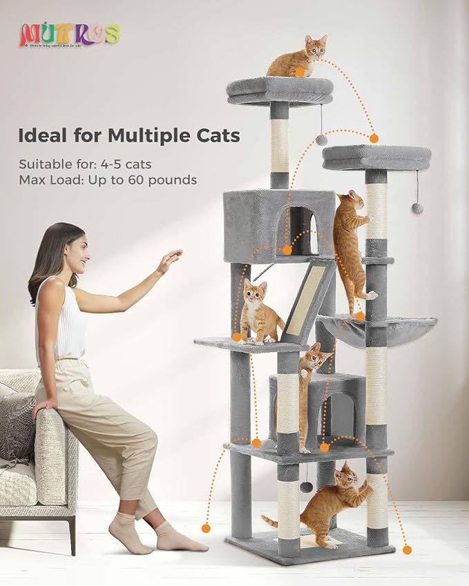 MUTTROS Tall Cat Tree 70.9", Large Cat Tree for Indoor Cats, Multi-Level Plush Cat Condo with 6 Scratching Posts, 2 Scratching Boards, 2 Perches, 2 Caves, Hammock, 2 Pompoms, Gray