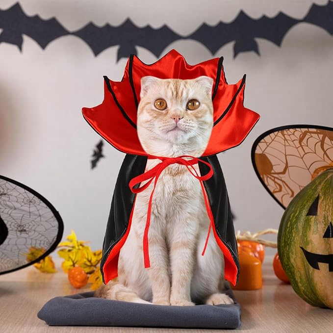 Dog Halloween Costume, Pet Cape for Small Puppy Dogs Cat Funny Red & Black Halloween Costumes with Neck Armor Adjustable Strap Idea for Vampire Party Cosplay (Red Bat, L)