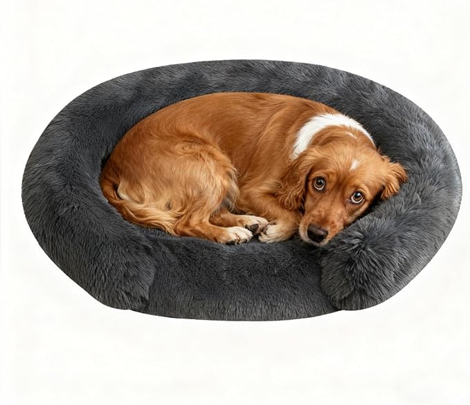Calming Dog & Cat Beds with Orthopedic Egg-Crate Foam Raised Rim, Soft Fluffy Faux Fur Pet Bed for Small Medium Dogs, Anxiety Relief Spine Support, Machine Washable (Round, Dark Grey 28")