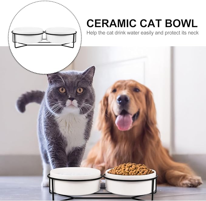POPETPOP Ceramic Double Pet Bowl Set with Black Iron Elevated Stand, 13cm Raised Cat Feeder and Dog Food Bowl for Stable Feeding and Watering