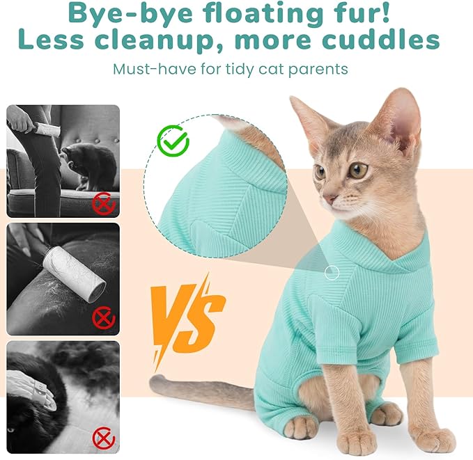 Sticky Hair Cat Clothes, Breathable & Lightweight, Reduces Shedding Fur Pajamas, Full Body Long Sleeve Surgical Bodysuit, Stop Licking & Shedding Blue XS
