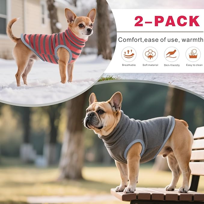 Idepet 2 Pack Striped Dog Sweater, Stretchy Dog Shirt Vest Turtleneck Pet Pullover Puppy Clothes Reflective Sweatshirt Fleece Cat Apparel (Pink Stripe + Grey, XX-Large)
