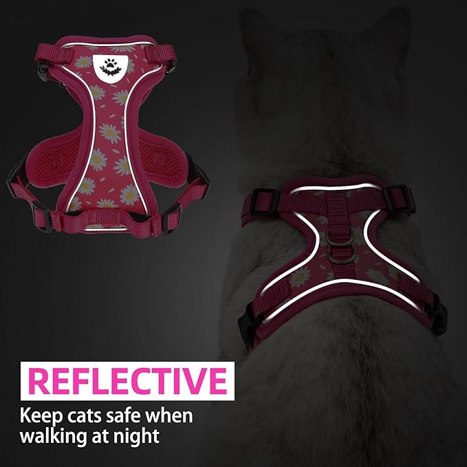 PUPTECK Cat Harness and Leash Set Escape Proof Reflective Cat Walking Harness Adjustable Soft Breathable Mesh Vest for Small Pets, Fuchsia Dasiy, M