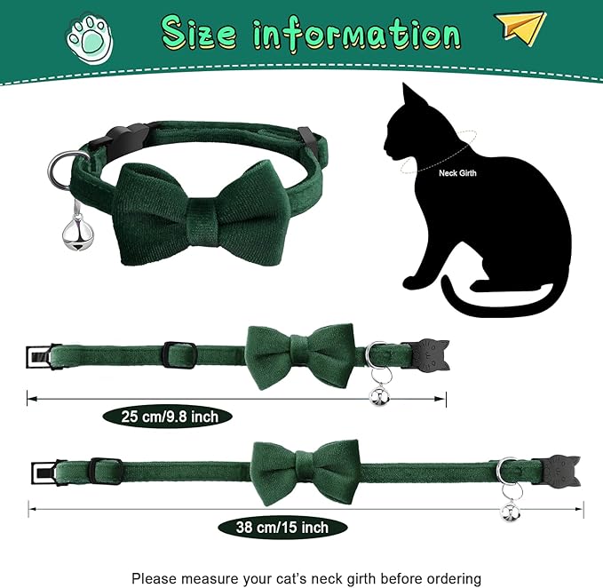 4 Pieces Cat Bow Tie Collar with Bell Breakaway Cat Comfortable Velvet with Cute Safety Pet Collar for Pet Kitten Puppy(Medium,Black, Gray, Dark Green, Blue)