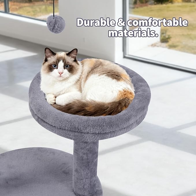 AIWIKIDE 24" Scratching Post, Interactive Cat Scratcher, with Perch & Plush Toy, Sturdy Weighted Base, Grey