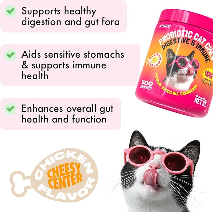 LEGITPET Daily Probiotic Cat Chews for Digestive & Gut Health – Supports Healthy Digestion & Immune System – Crunchy Chews with Creamy Center – Chicken Flavor, 500 Chews