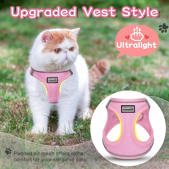 Cat Harness and Leash Escape Proof,Adjustable Soft Mesh Kitten Vest Harness for Walking Reflective Pet Harness for Cat Small Dogs Puppy (Pink, XXS)