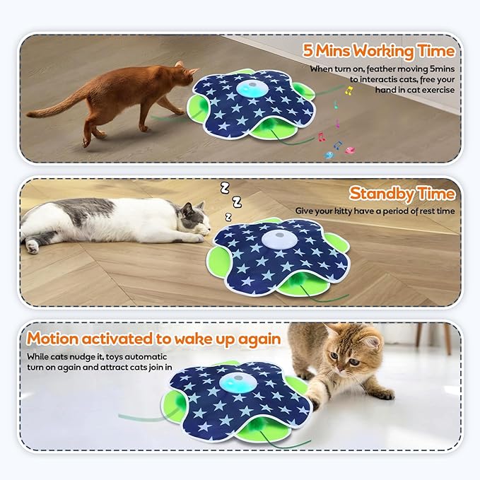 Oxawo Interactive Cat Toys with Moving Feather Concealed in Mat, Rechargeable Cat Exercise Toys for Bored Cats with Motion Activated, Mouse Squeaky