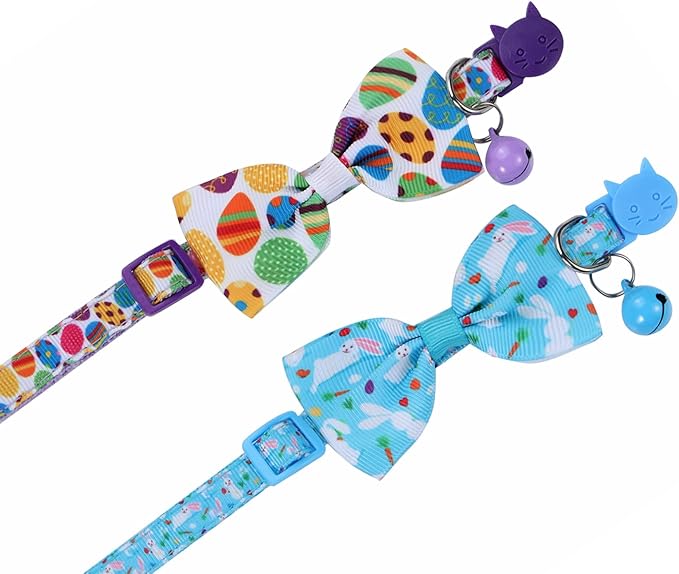 BoomBone Easter Cat Bow Tie Collar Adjustable Breakaway Collar with Bells, Spring Bowtie Kitten Collar