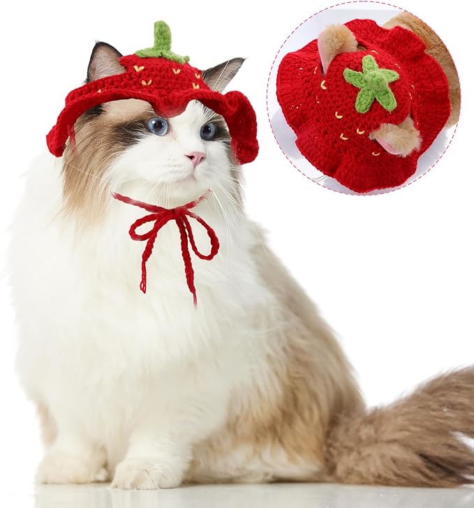 Piriuuo Strawberry Cat Hat, Cotton & Soft Cute Knitted Hats for Cats Birthday Party Christmas Puppy Hat for Small Pets (Red, M)