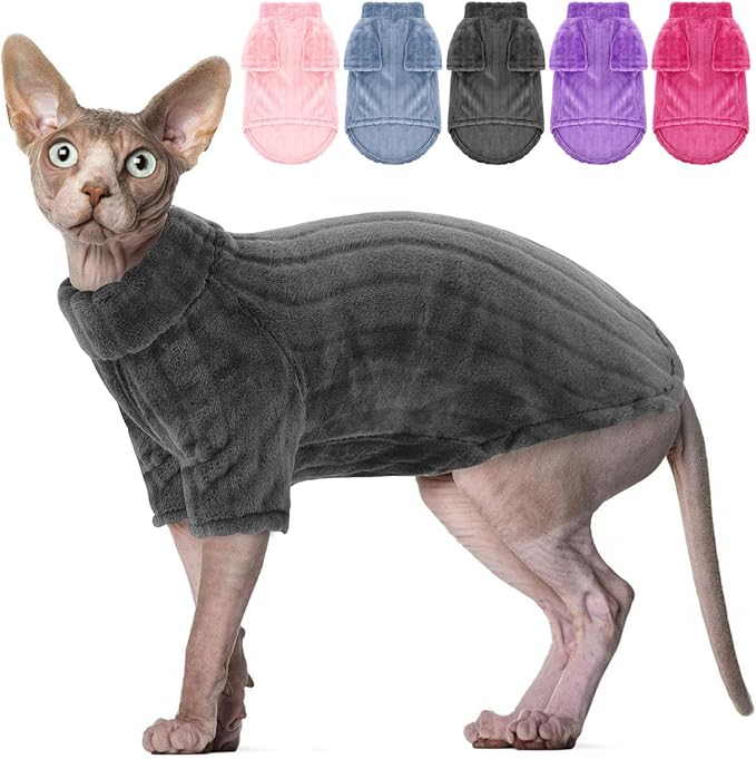 Sweaters for Cats, Hairless Sphynx Sweater Kitten Pullover with Sleeves, Warm and Soft Cat Pajamas Fleece Sweatshirt Jumpsuit, Turtleneck Clothes for Fall Winter, Grey S