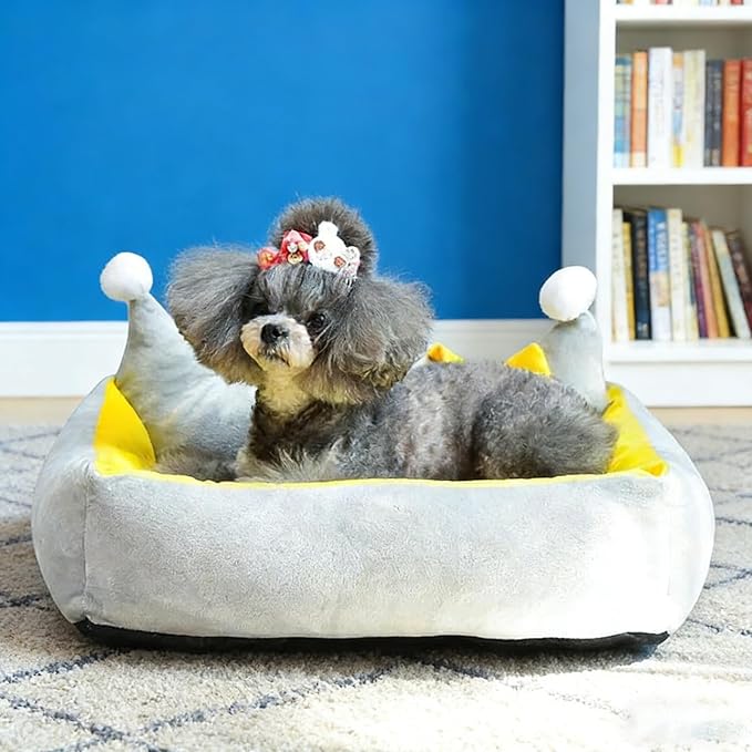 Cute Crown Pet Beds for Dogs Cat,Fashionable Luxurious Crown Cat Princess Beds Winter Warm Puppy Cat Sofa Bed Soft Upholstered Plush Sofa,Durable Washable Anti-Slip Dog Beds (Grey, M-Below 9.0kg)